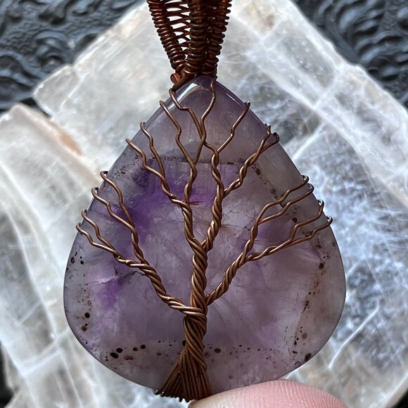 Copper Wire Wrapped Amethyst Tree Of Life Crystal Gemstone Jewelry Pendant - Picture 3 of 9